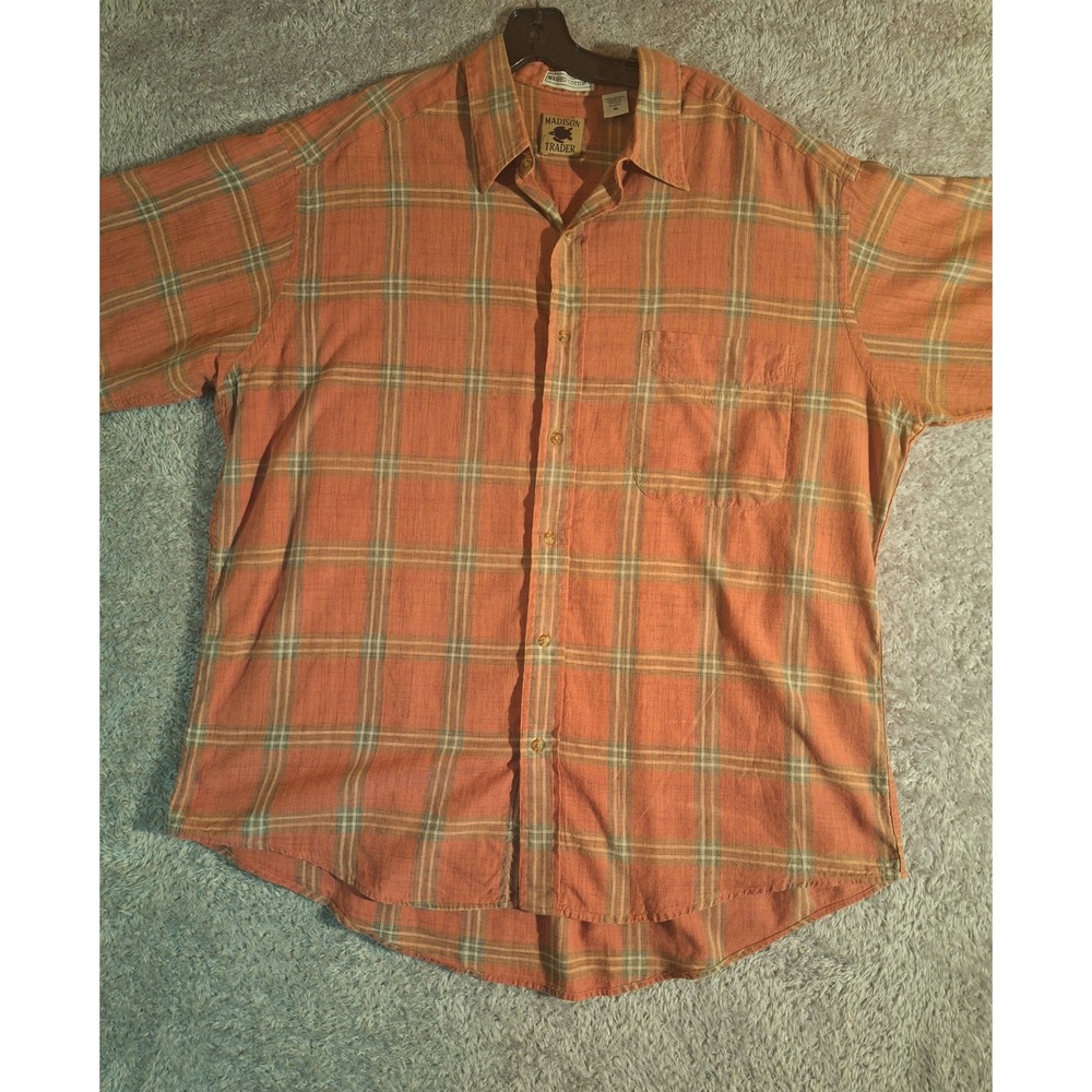 Madison Trader Mens XL Washed Cotton Button Down Shirt Orange Plaid Dad Shirt